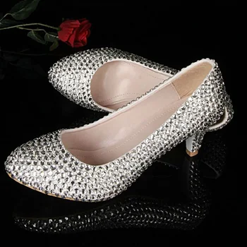 

Spring Prom Party Pumps Stiletto wedding Shoes Discount Bridesmaid Dress Shoes Silver Middle Heel Shoes Rhinestone Bridal Shoes