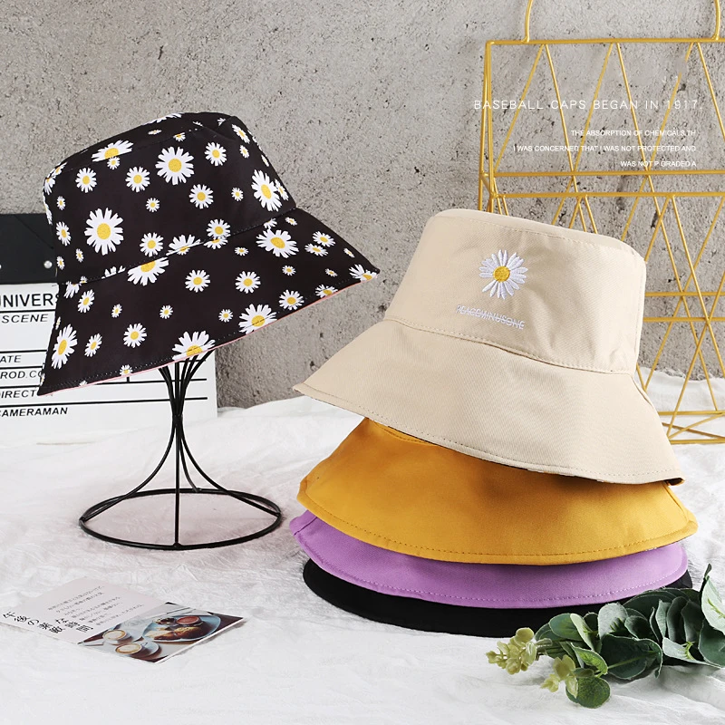 

SLECKTON Fold Bucket Hat for Women Double-sided Daisy Embroidery Fisherman Hat Sun Hat Girls Simple Beach Hats Outdoor Cap Hats