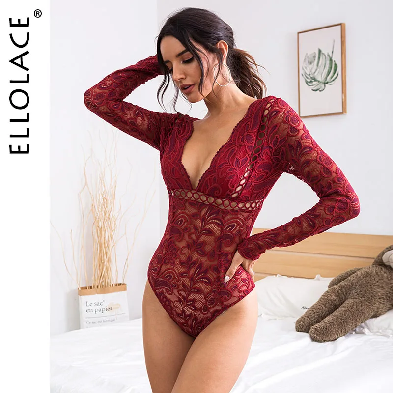 Ellolace Long Sleeve Lace Bodysuit Women Deep-V Backless Body Mesh See Through Rompers Bodycon Overalls Feminino Sexy Bodys Ellolace Long Sleeve Lace Bodysuit Women Deep-V Backless Body Mesh See Through Rompers Bodycon Overalls Feminino Sexy Bodys