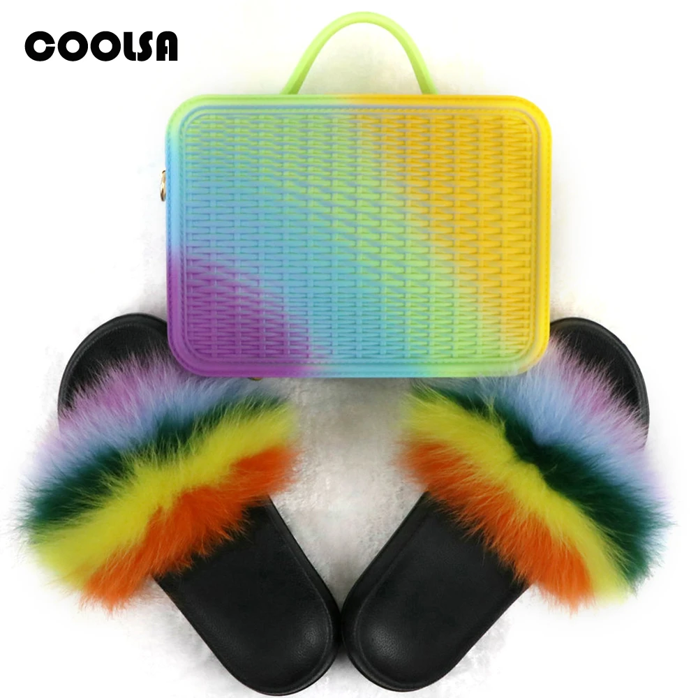 Rainbow Set D Женские шлепанцы с натуральным лисьим мехом комплект сумочки радужных желейных сумок пушистые сандалии из енота модная женская походная сумка для обуви - Цвет: Rainbow Set D