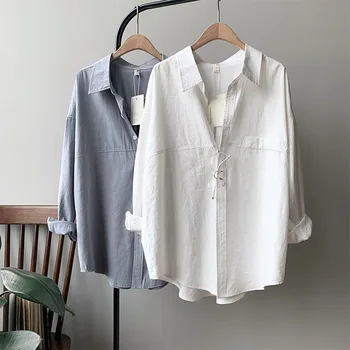 

cotton and linen women blouse and shirts v-neck solid pocket loose long-sleeved female shirts fashion lady elegant outwear tops