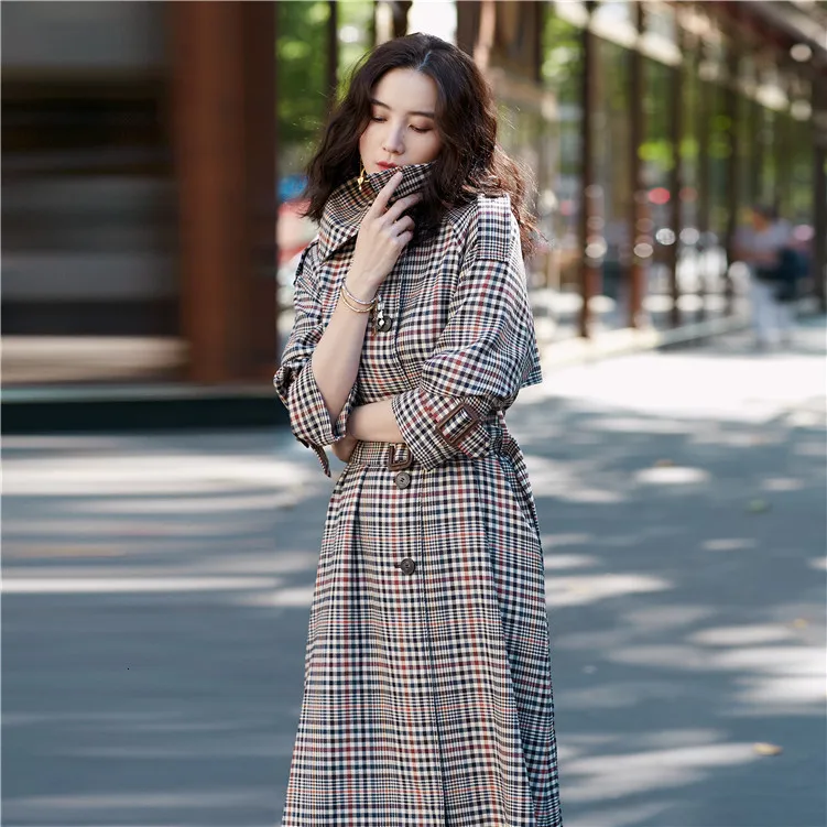 Plaid Women Trench Coats Winter New Turn-Down Collar Single Breasted Long Coat Sashes Slim High Quality Windbreaker Outwear