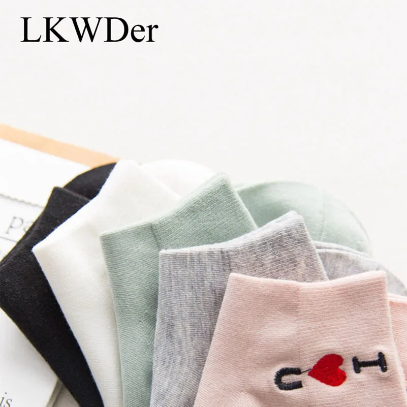 LKWDer, 5 пар, женские носки, весна-лето, короткие, цилиндрические, алфавитные, хлопковые носки, с вышитыми буквами, носки-лодочки для женщин, Meias