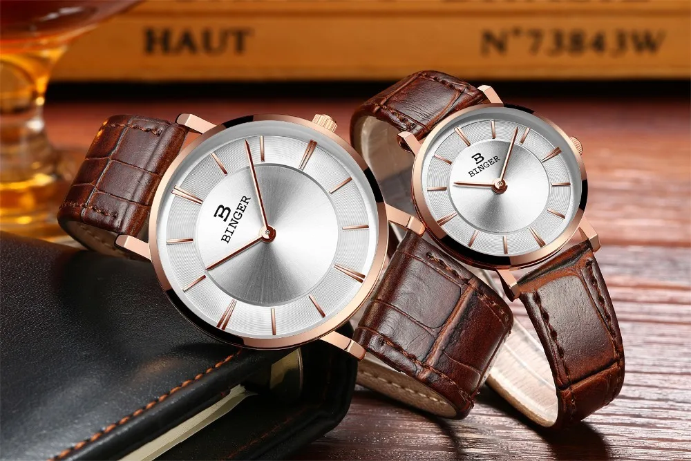 Дешевые новые парные часы Бингер тонкий стиль для женщин Мода Quatrz часы для мужчин бизнес наручные часы кожаный ремешок B-9013G