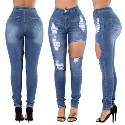 2019 новые синие женские с высокой талией тонкие рваные повседневные джинсы из денима стрейч узкие брюки обтягивающие джинсы для женщин