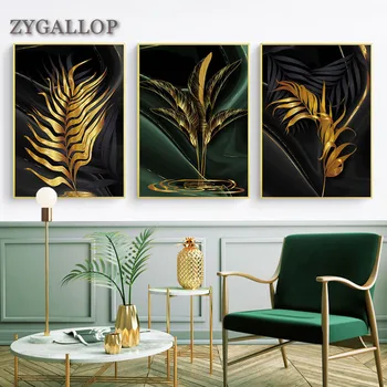 

Golden Plant Leaf Posters And Prints Canvas Painting Black and Gold Wall Art Print Nordic Wall Pictures For Living Room Decor