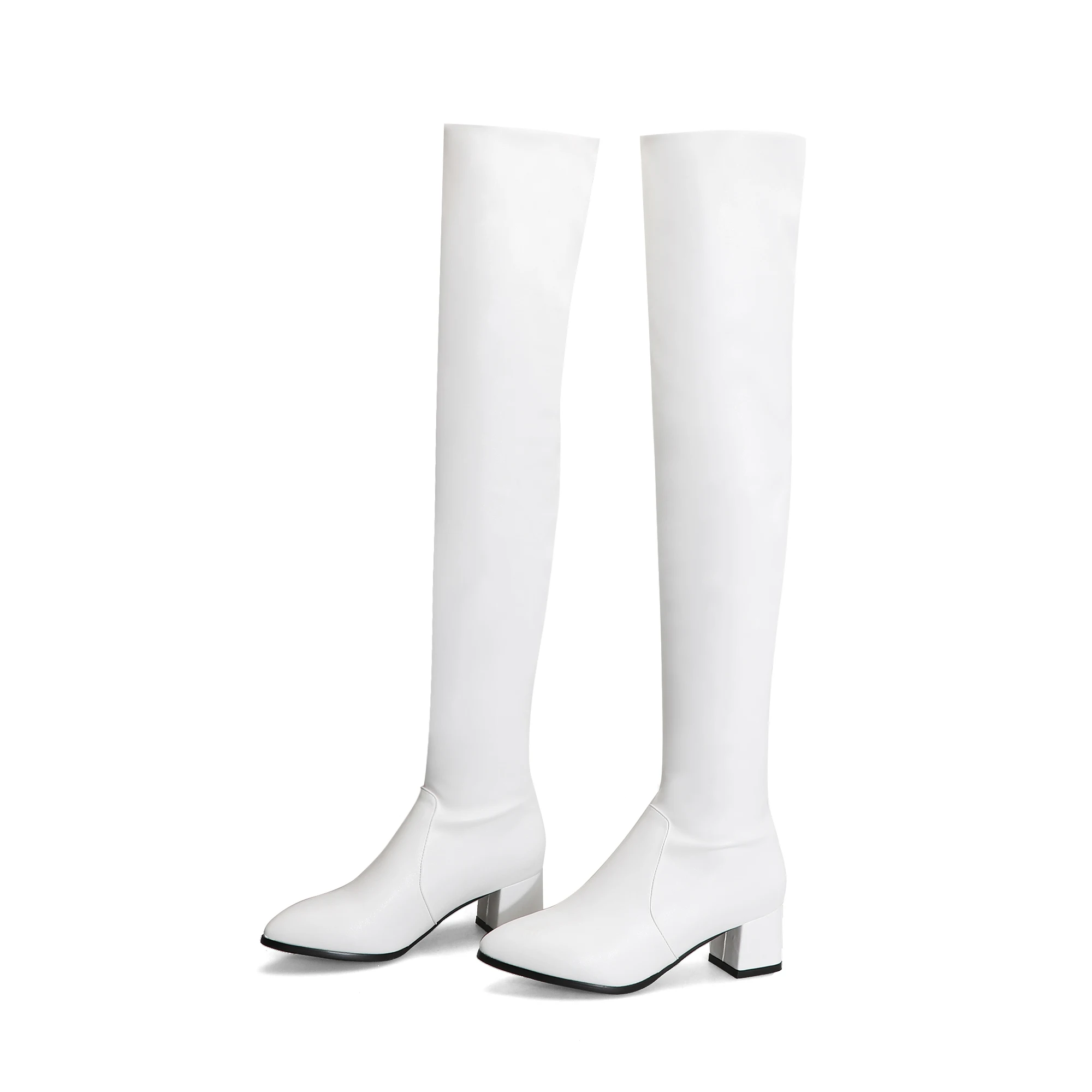 Модные сапоги выше колена женские зимние сапоги высокие сапоги на среднем каблуке Осенняя женская обувь с леопардовым принтом, с острым носком, без застежки, белого цвета - Цвет: white (pu)
