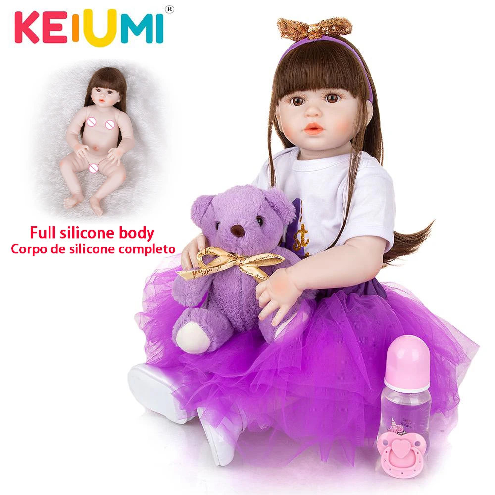 KEIUMI Silicone Baby Dolls Newborn 57 CM Lifelike Gril Toys Fashion Long Hair Boneca Bebe Reborn For Children Xmas Holiday Gifts