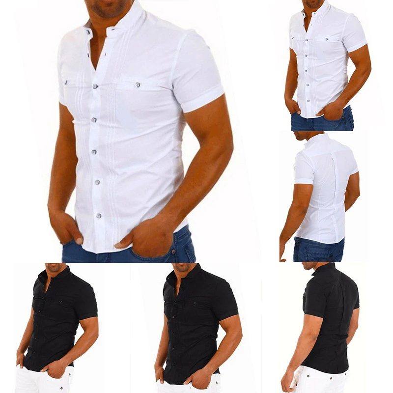 Men V Neck Formal Slim Fit Solid Shirt Tops 2019 Clothes For Men Black White Mens Summer Casual Short Sleeve Button Down Shirts