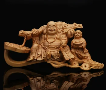 

5.5" China Box-wood Hand-carved Buddhism Ruyi Maitreya Buddha Kid Boy Statue
