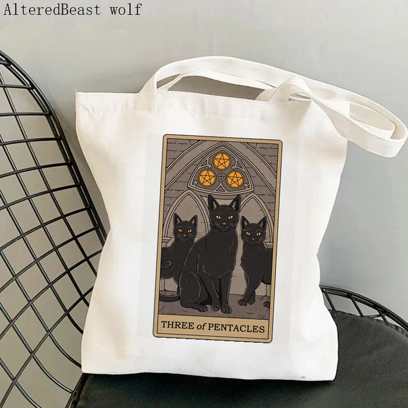 Women Shopper bag Three of Cups cat Tarot Printed Bag Harajuku Shopping Canvas Shopper Bag girl handbag Tote Shoulder Lady Bag