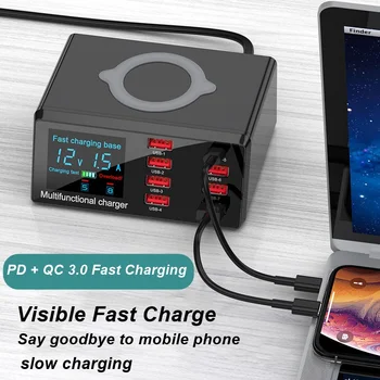 

100W 8 Port USB Charger Dock Wireless Charging 18W PD QC3.0 Charger Adapter Led Display Phone USB Adapter Wireless Quick Charge