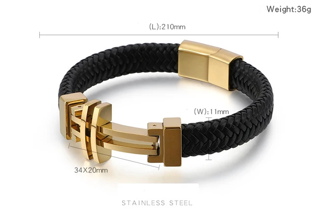 Woven Leather Bracelet Cross Gold Stainless Steel Bracelet - China