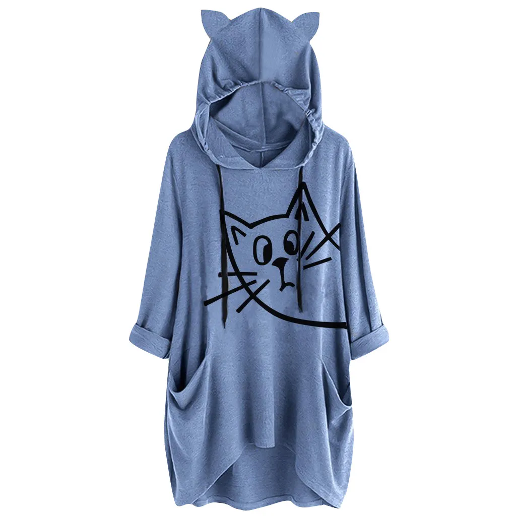 

Women Hooded Sweatshirt Cat Ear Long Sleeves Casual Pullover Sweatshirt Tops With Pockets Harajuku Kawaii Hooded Sportwear