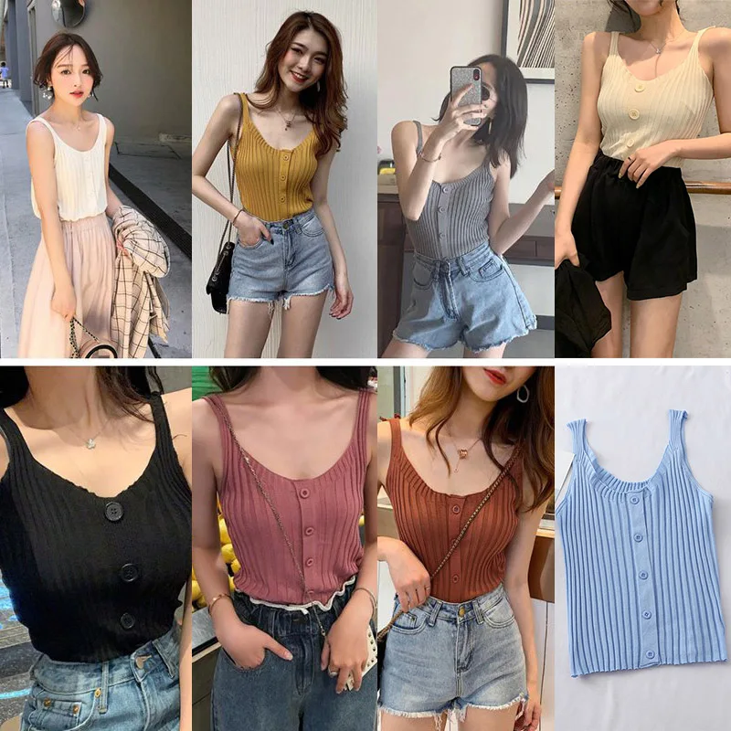 Womens Sexy Knitted Top Buttons U-Neck Sleeveless Short Tank Vest Solid Top Vest Strap Short Tops Casual T Shirt 