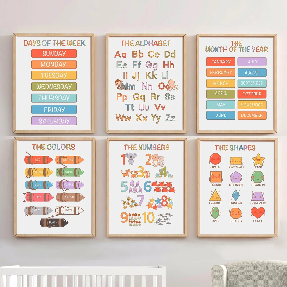 

Wall Art Prints Education Alphabet Numbers Month Week Colors Shapes Canvas Painting Nordic Poster Decor Pictures Baby Kids Room