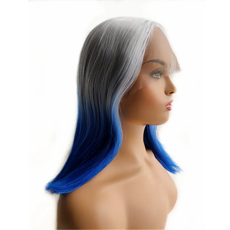 Pervado волосы синтетические волосы на кружеве парик короткий серебряный серый синий Омбре для женщин Женский Peruca Pelo
