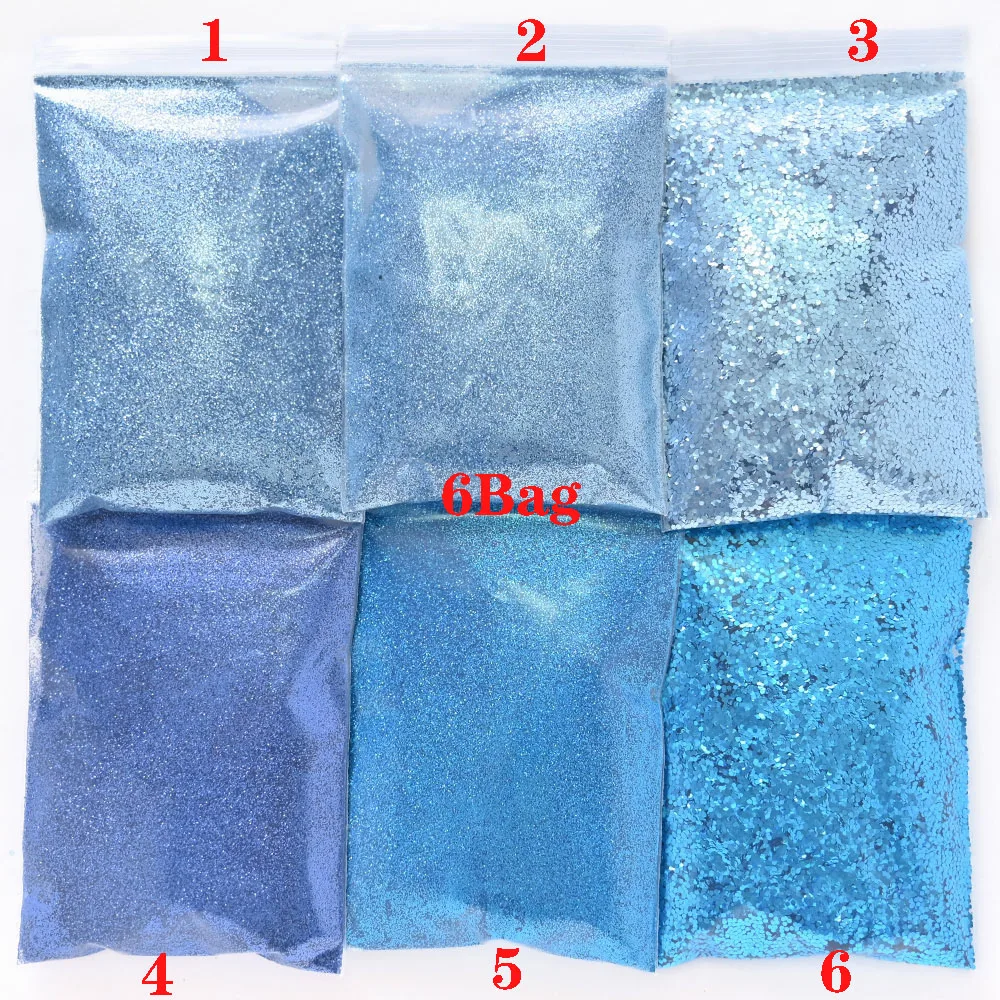 

60g Nail Art Glitter Sequins Powder Hexagon Iridescent Sparkly 3D Decorations 6Sizes Manicures Flakes Slice 6Bag/Set Blue Series