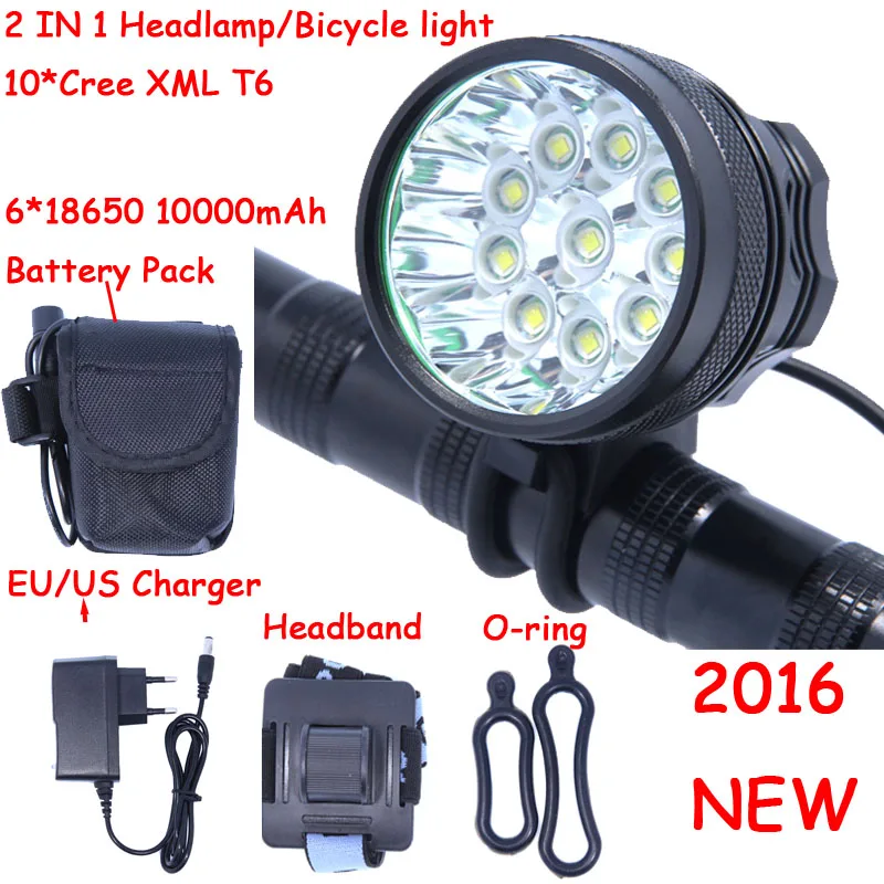 

18000 Lumens 10 X XM-L T6 LED Front Head Bike Bicycle Cycling Lamp + 10000mAh 6*18650 Battery Pack + Charger