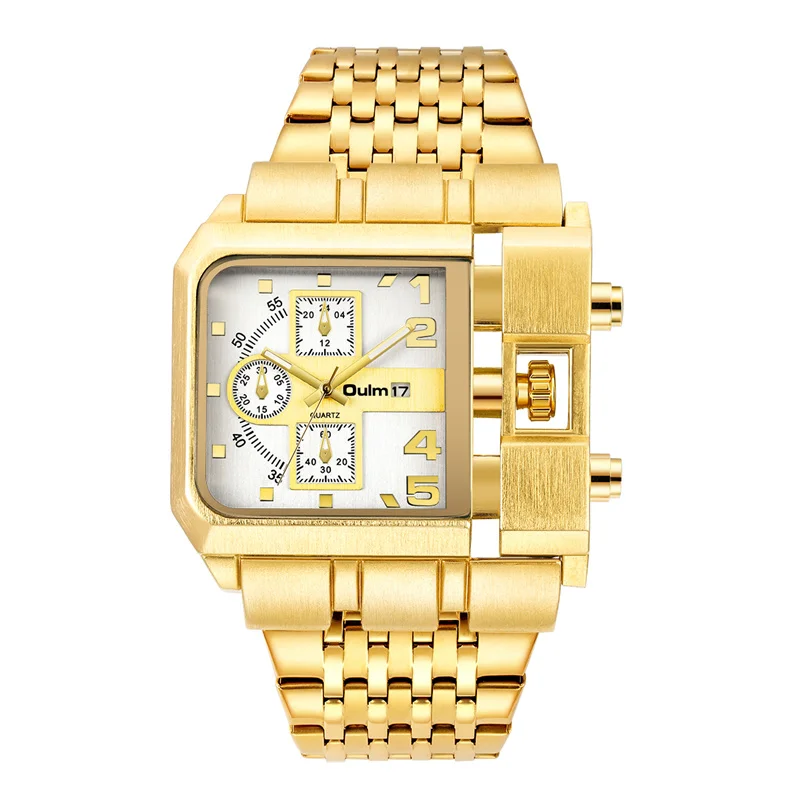 Oulm Stainless Steel Male Quartz Wristwatch Large Dial Watch Luxury Brand Auto Date Golden Clock Men's Military Watches