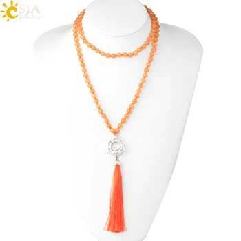 

CSJA Sweater Necklace 6mm 108 Natural Stone Yellow Crystal Quartz Mala Bead Tassel Necklaces Knotted Rope for Women Jewelry F181