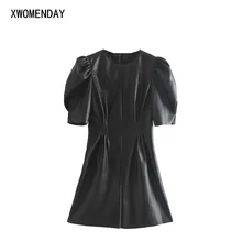Модное простое кожаное мини-платье женское с коротким рукавом Элегантное эстетическое необычное блестящее платье шикарное черное винтажное платье