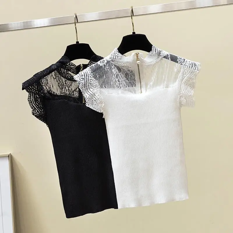 

2020 summer Korean version of the new sexy lace slim slimming mesh stitching sleeveless knitted T-shirt