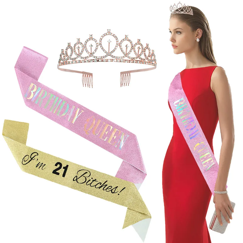 Gold Silver Glitter Birthday Sash Rhinestone Tiara 18th Crystal Crown Birthday Queen Satin Ribbon Sash For Birthday Party Decor