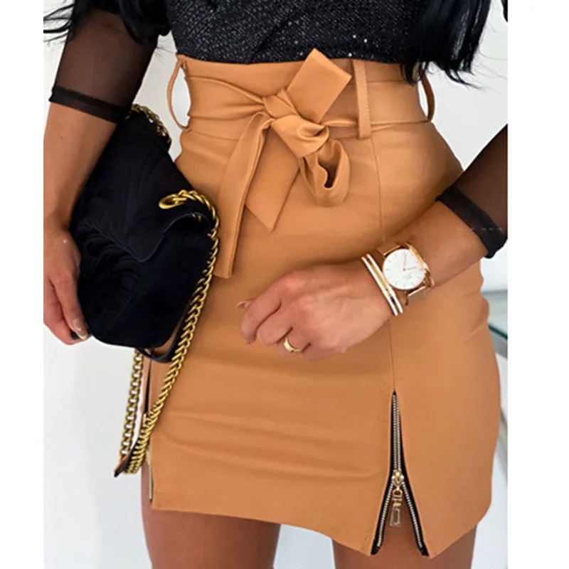New Women Leather Skirt Spring High Waist Short Skirts Korean A-line Solid Bodycon Bandage Black White Streetwear SJ5543V | Женская