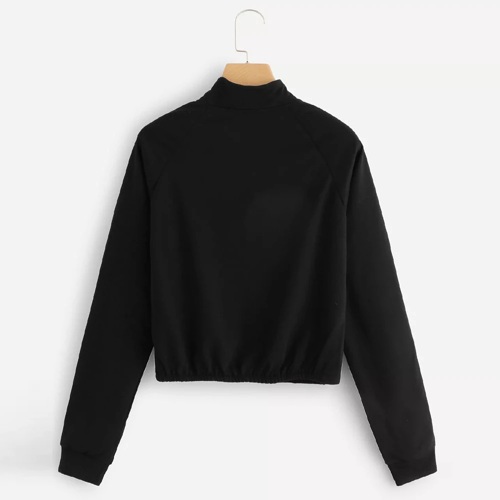 Ladies Zipper Half Placket Sweatshirt Contrast Tape Side Stand Turtleneck Autumn Casual Women Crop Tops Girls Ladies 809