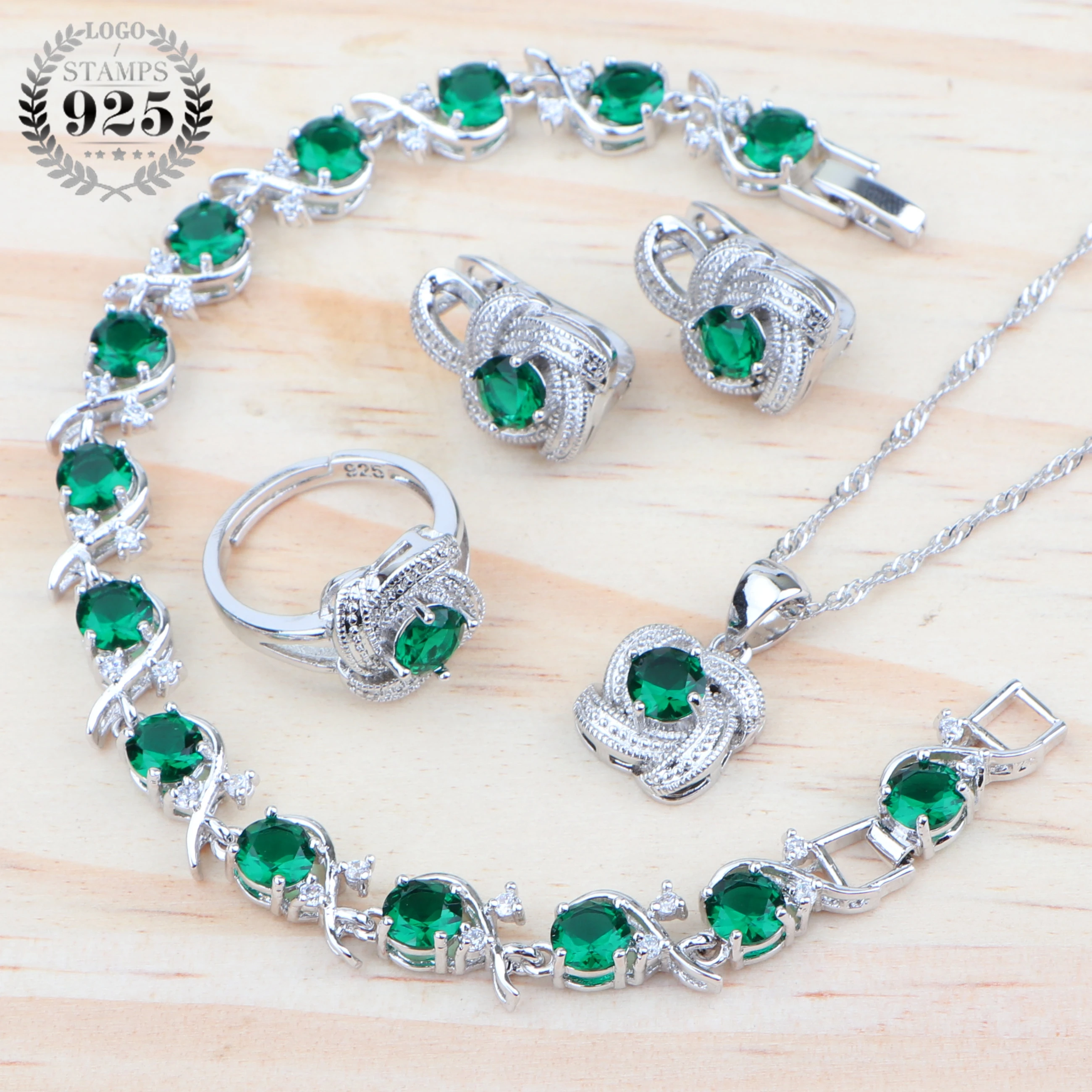 Green Zirconia Bridal Silver 925 Jewelry Sets Wedding Costume Jewellery For Women Pendant Earrings Ring Bracelet Necklace Set