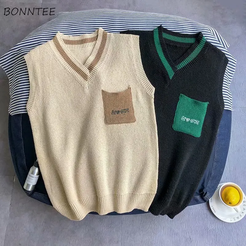 Suéter Chaleco de los hombres de Patchwork Preppy-estilo de cuello en V sin mangas Simple-Encuentro de coreano de punto camisetas hombre suelto Casual de moda
