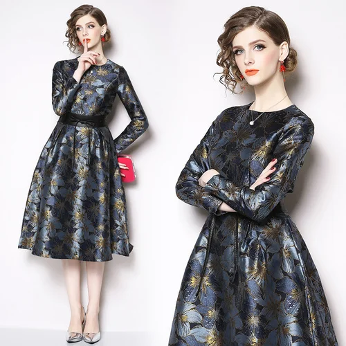 

Autumn winter New High-end Jacquard Dress Fashion Dress Long sleeved Waist collection Mid-length dress women