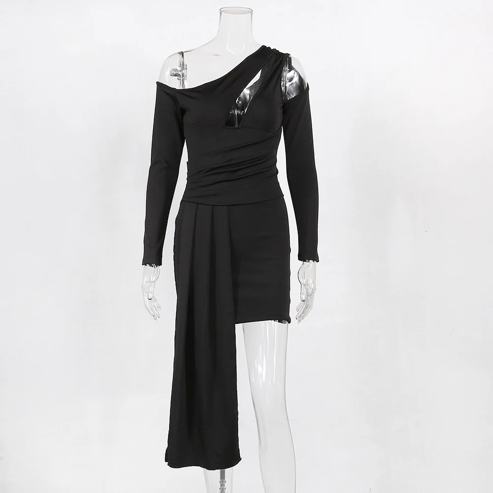 Криптографическое сексуальное мини-платье с длинным рукавом и вырезом на спине, вечерние, Клубные, необычные, на одно плечо, черные платья для женщин, Vestidos