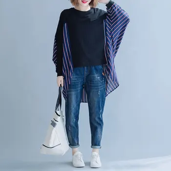 

[EWQ]2020 Autumn New Pattern Round Collar Long Sleeve Fake Two Piece Patchwork Striped Pullovers Casual Sweatshirt 19C-a143-01-0