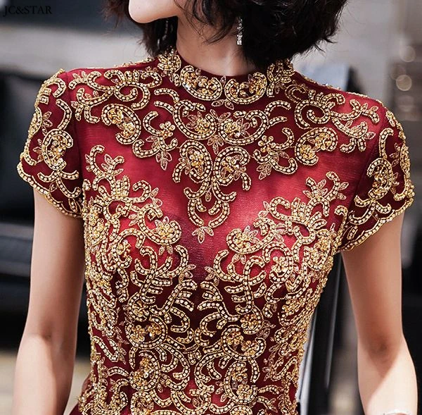 Vestidos fiesta boda, новинка, кружевное платье с высоким воротом, расшитое бисером, короткий рукав, сзади, ТРАПЕЦИЕВИДНОЕ Бордовое платье, длинное свадебное платье для гостей размера плюс