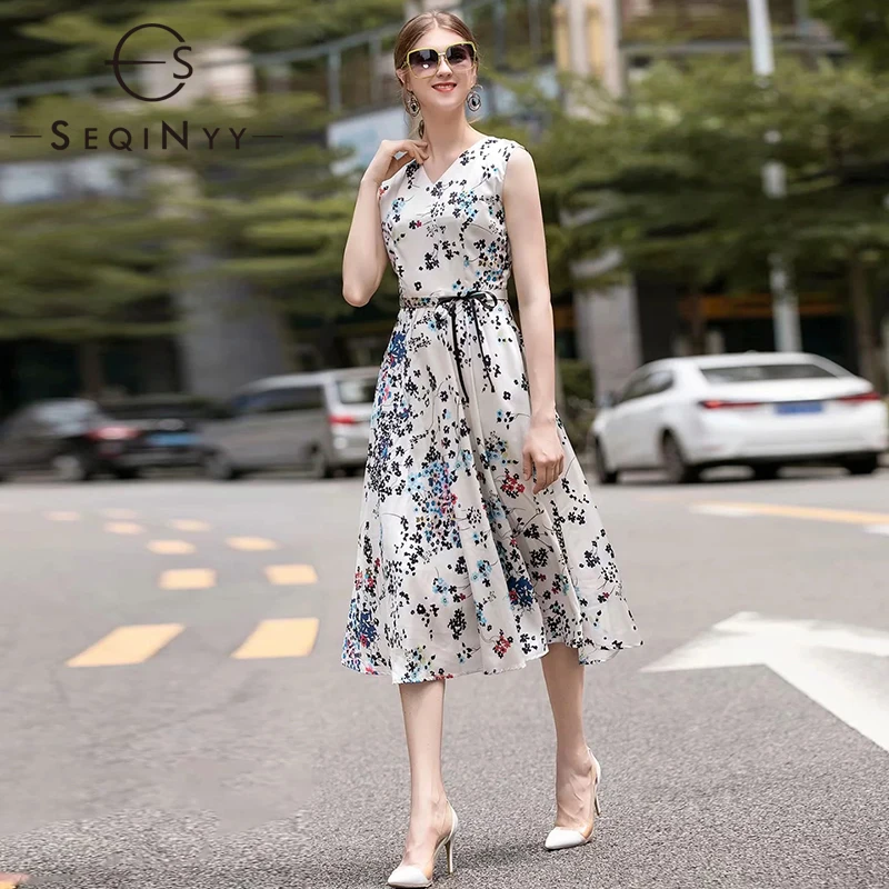 

SEQINYY Midi Dress 2020 Summer Spring New Fashion Design Flowers Printed Belt Slim A-line Casual Vest Dress Women