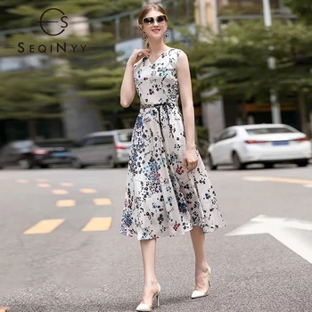 

SEQINYY Midi Dress 2020 Summer Spring New Fashion Design Flowers Printed Belt Slim A-line Casual Vest Dress Women