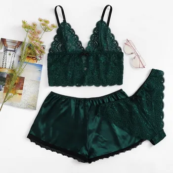 

Women Satin Silk Camisole Shorts Set Sleepwear Pajamas Lace Lingerie Sets 3PCS underwear set women japanese fashion conjunto