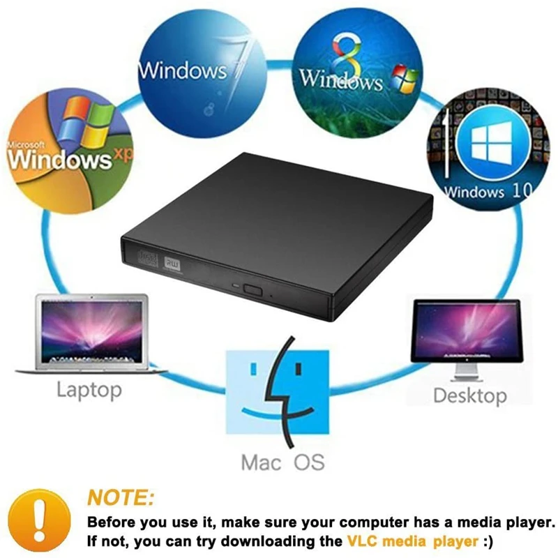 Внешний DVD-привод, USB 2,0, портативный привод CDDvd +-Rw, тонкий DvdCD Rom, записывающее устройство, горелка для ноутбука, настольного ПК, Windows 108XP (art.: 3a39ca08e27) - 3a39ca08e27