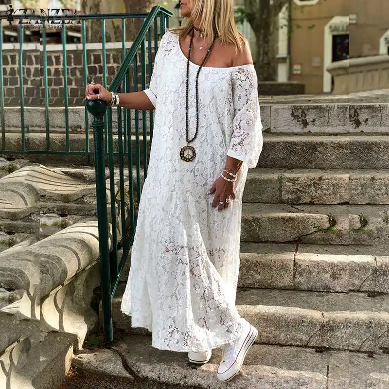 Off White ZANZEA женское кружевное вязаное Макси длинное платье летнее с круглым вырезом 3/4 рукав вечерние Vestido Femme богемный сарафан повседневное свободное платье - Цвет: Off White