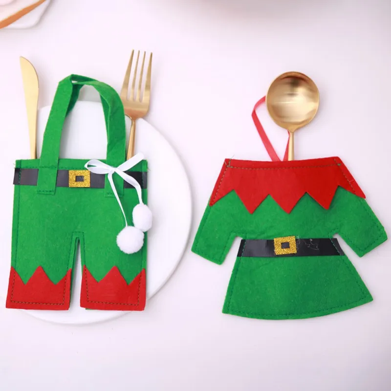 

DIY Christmas Party Tableware Decor Table Elf Cutlery Set Mini Clothes Pants Cutlery Bag Desktop Dress Up Knife Fork Green Red