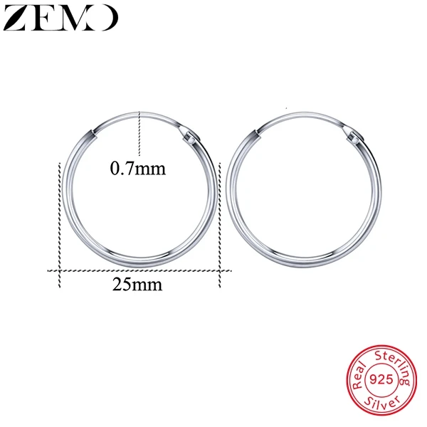 ZEMO, 12-25 мм, Настоящее 925 пробы, серебряные серьги-кольца для женщин, круглые серьги для пирсинга, ювелирные изделия, аксессуары для женщин - Окраска металла: hoop earrings 25mm
