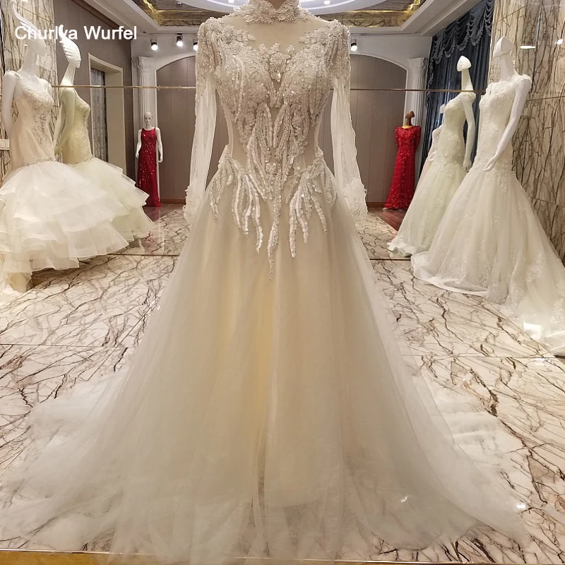 

LS98895 long evening gowns high neck beaded A line long sleeves tulle vestido de festa longo abendkleider lang real photos