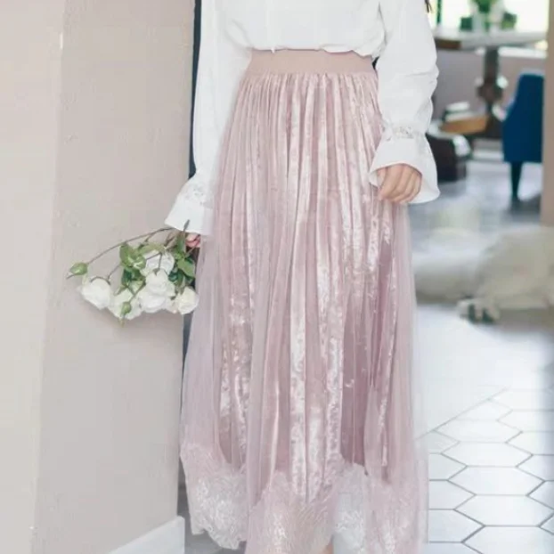 Новые женские сетчатые кружевные лоскутные бархатные юбки эластичные с высокой талией гофрированные длинные юбки женские большие качели Jupe Femme Falda AQ436