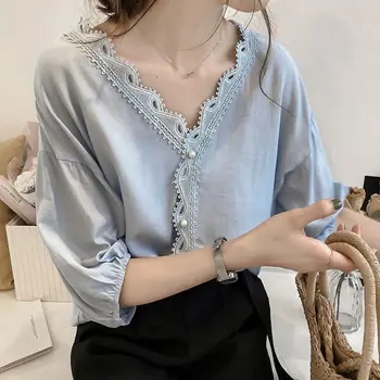 

Women Pearl Buckle Chiffon shirt elegant Lace Stitching V-Neck Lantern Seven-Point Sleeve Loose Solid Color Shirt Tops