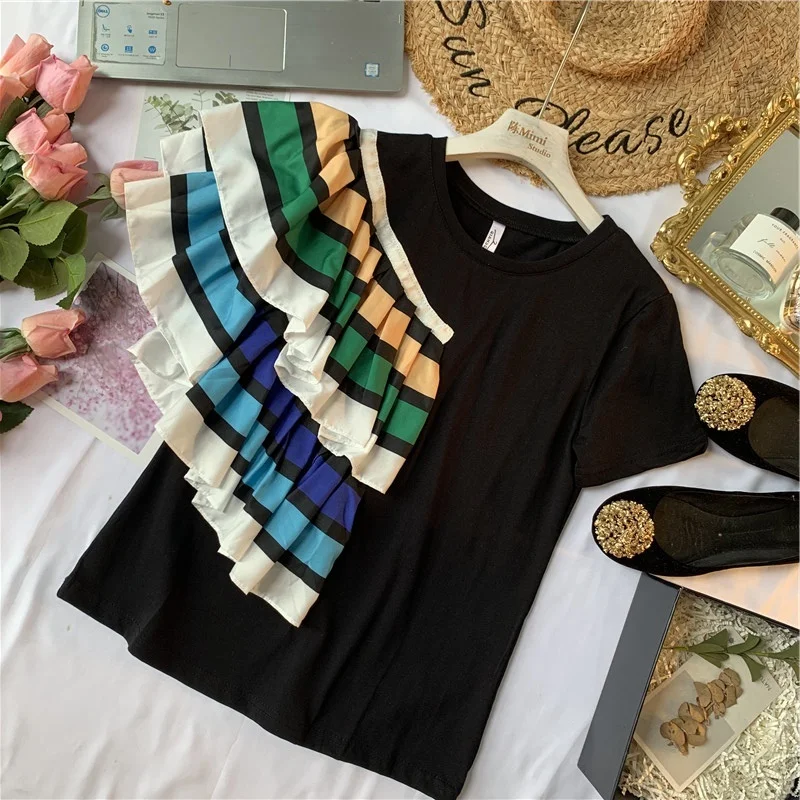 

[LANMREM] 2019 Autumn And Winter New Products Fashion Color Ruffled Stitching T-shirt Casual Shirt Women's Clothing PA343