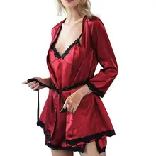 Комплект из двух предметов халат с ремешком ночное белье Для женщин атласные шелковые женское белье, сексуальная ночная сорочка одежда для сна удобная Ночное платье для девочек, одежда для сна комплект A3
