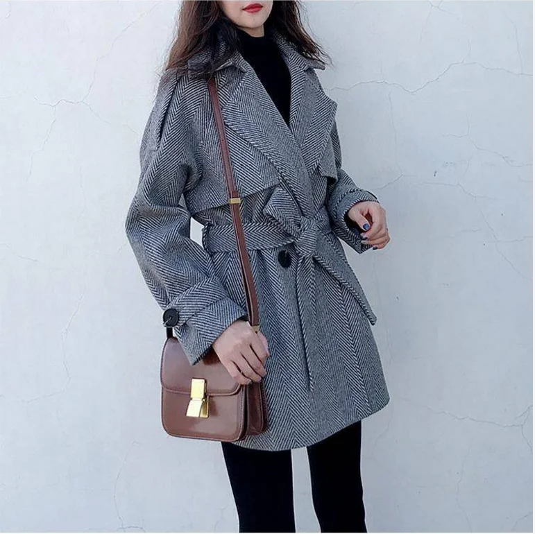 Женское саржевое шерстяное пальто тонкий пояс куртка