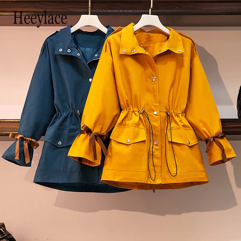 

Plus Size Women Jacket Autumn 2019 New Fashion Solid Color Bow Long Sleeve Drawstring Waist Loose Casual Oversized Coats L-4xl